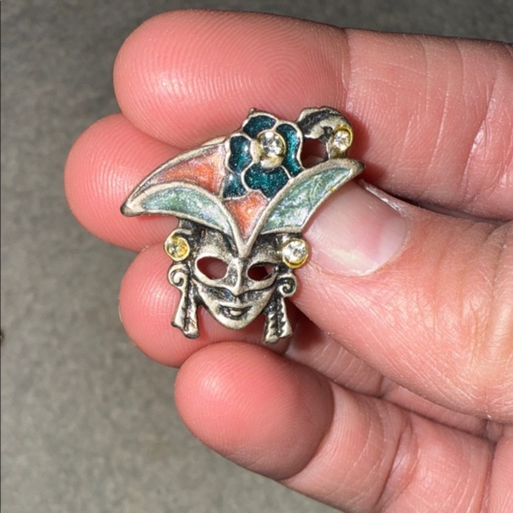 Vintage Jester Mask Brooch with Teal and Gold Highlights